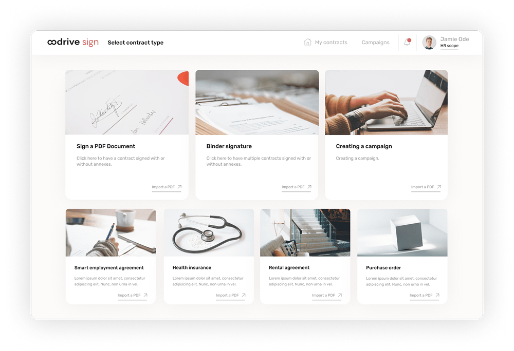 Dashboard sign select the type of contract
