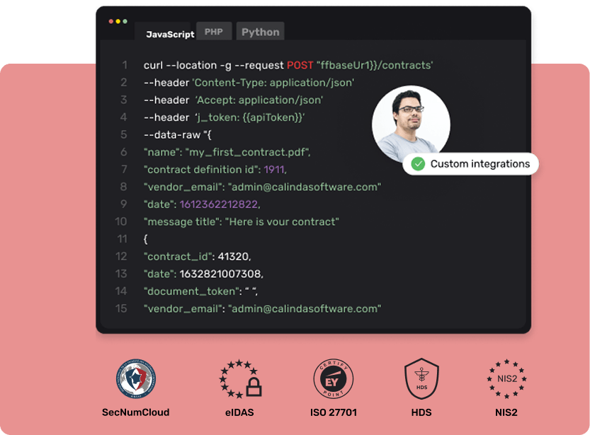 Image, code JS avec logo des certificat SecNumCloud, eIDAS, ISO 27701, HDS et NIS 2